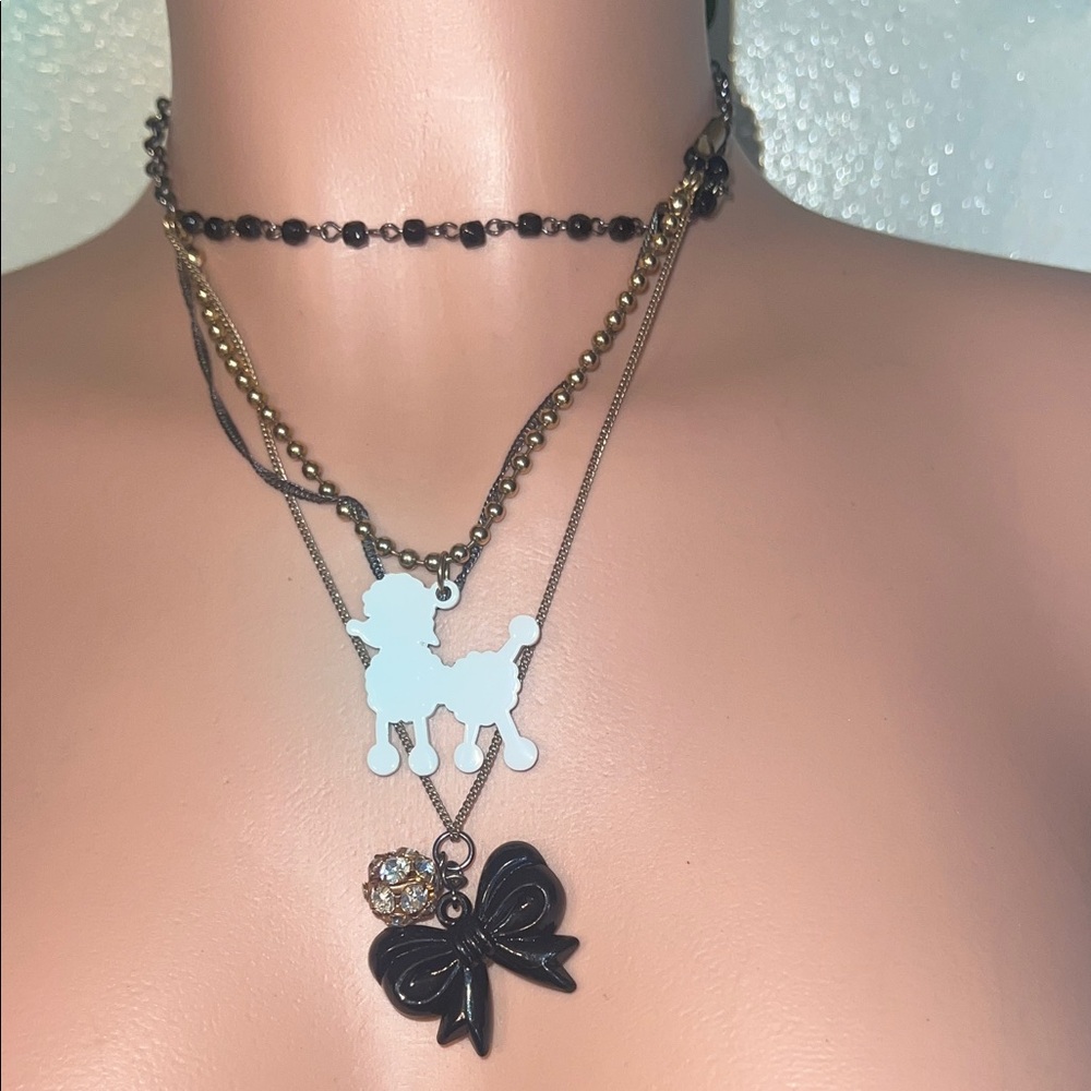 Betsey Johnson Black & Gold Layered Poodle and Bow Necklace